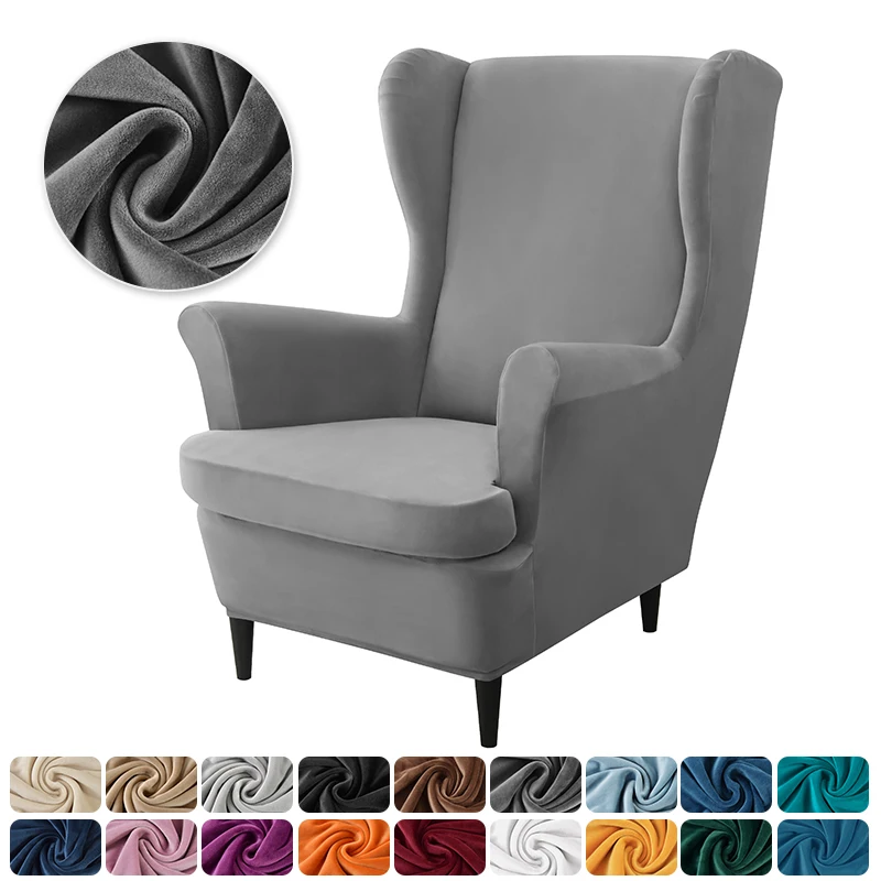 Soft Velvet Wingback Chair Covers Stretch Elastic Wing Armchair Cover with Seat Cushion Slipcover Solid Sofa Slipcovers Home