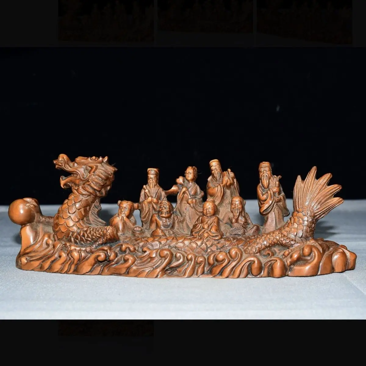 Hand Carved Wood Eight Immortals crossing the sea Statue Figurine Home Desktop Ornament Craft Gift