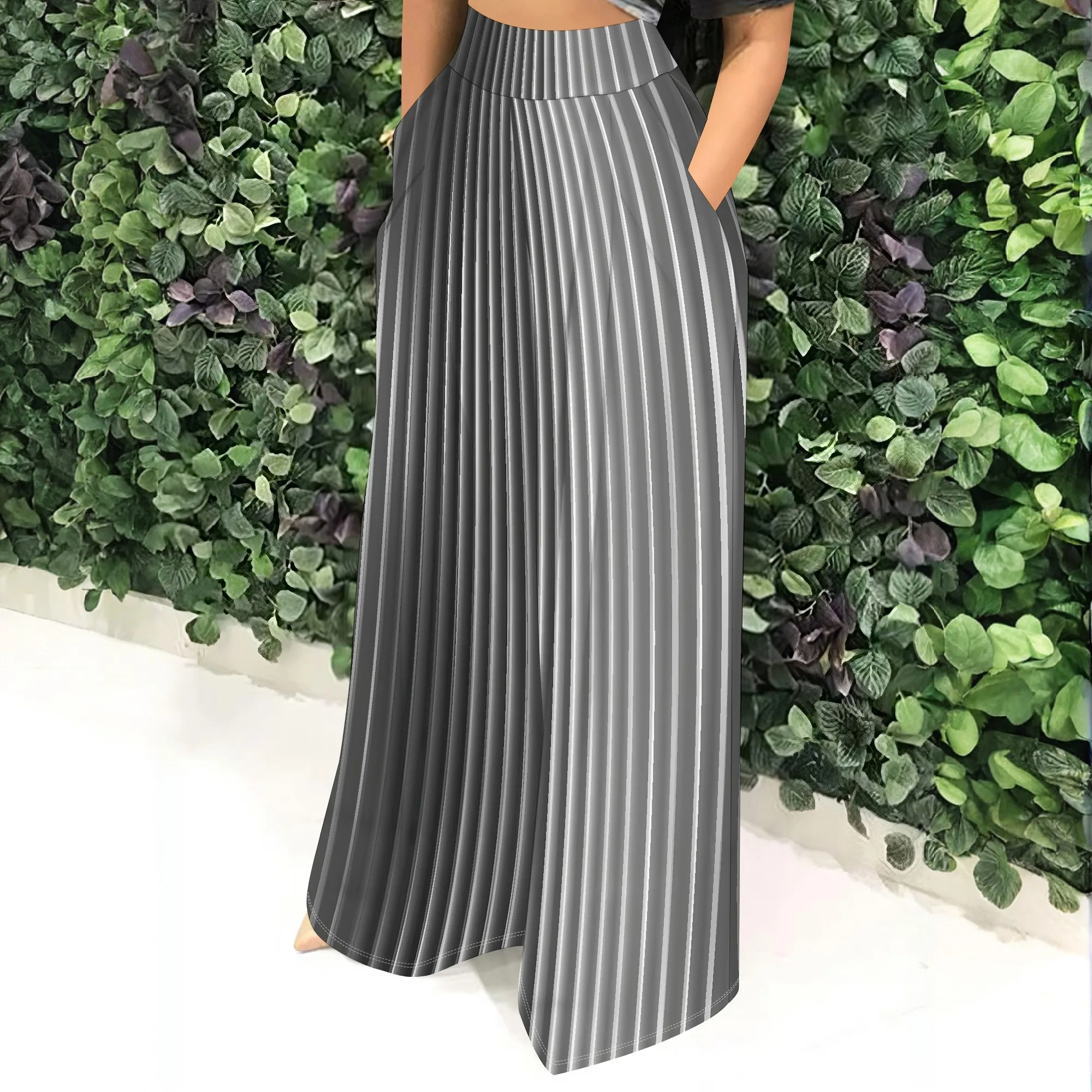 Striped High Waist Wide Leg Pants, Vertical Pattern Trousers, Pleated Casual Bottoms, Pocket Design for Women, S-2XL