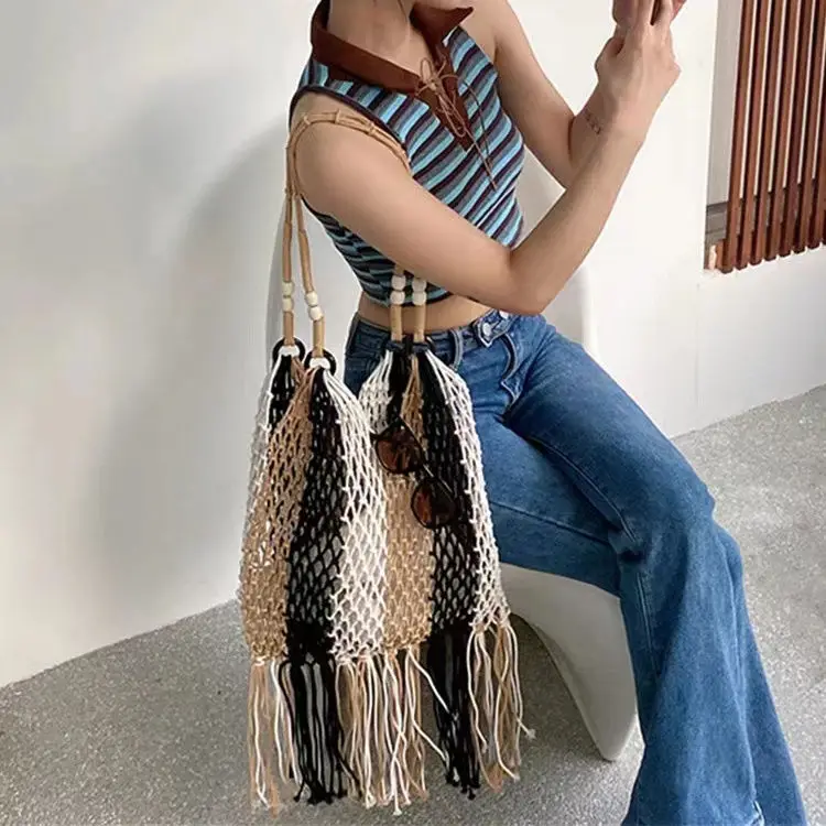Ethnic Style Long Tassel Cotton Thread Woven Hollow Vacation Style Beach Niche Fishing Net Bag Shoulder Bag for Women