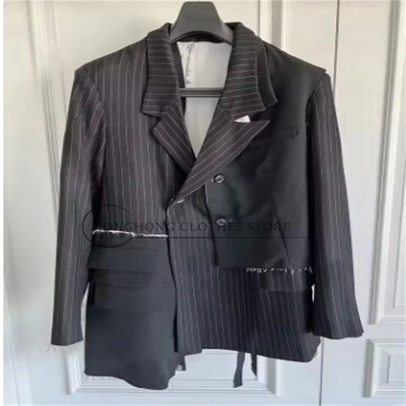 TOP-YAMAMOTO Original Design Dark Color Loose Back White Striped Patched Large-Sized Business Suit Jacket
