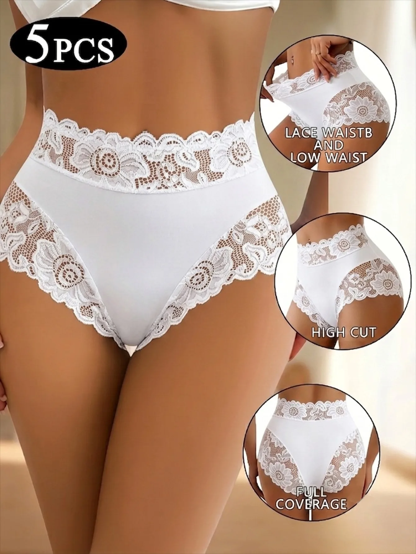 5-Pack Women's High-Waisted Briefs with Stitched Sheer Elegant Lace, Wave Edges to Prevent Rolling up