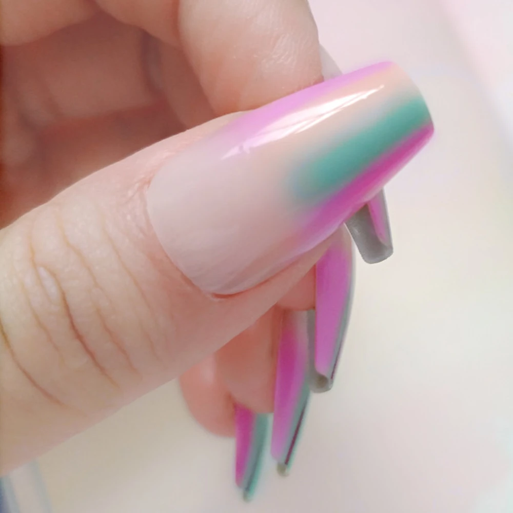 24Pcs Rainbow Press On Nails With Glue Sticker Meduim Long Ballerina Coffin False Nail DIY Beauty Fingertips Manicure Accessory