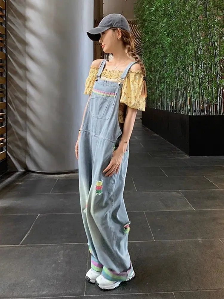 

Jean Jumpsuits Evening Overalls For Women Decoration Folding Embroidery Zipped Harajuku Strapping Tightfitting Special Spliced