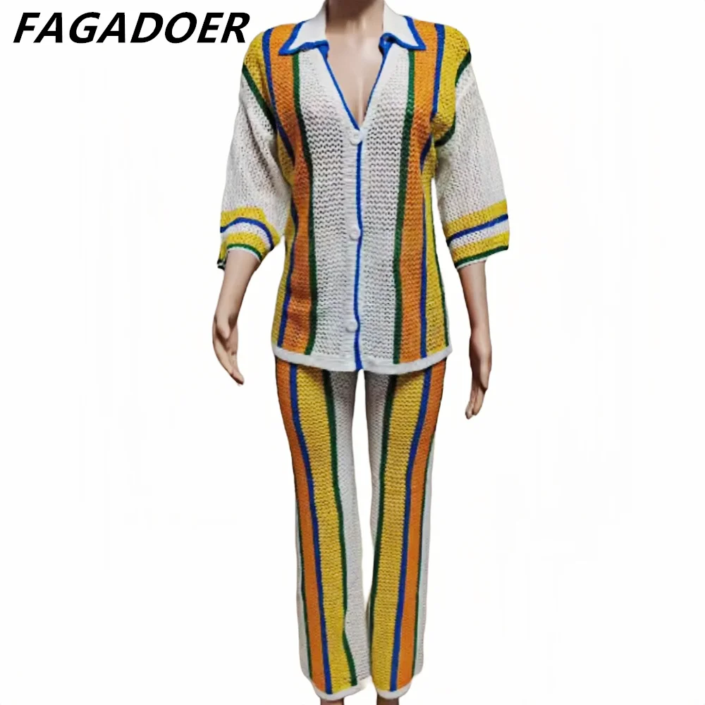 FAGADOER Knit Striped Women\'s Set Cardigan and Straight Pants Loose Suits 2024 Baddie See Through Vacation 2 Piece Sets Outfits