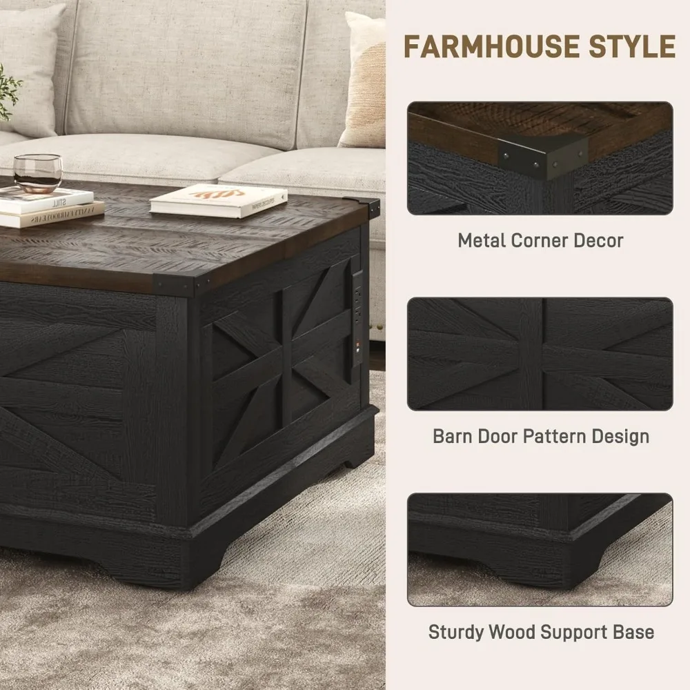 36" Farmhouse Movable Lift Top Coffee Table with Storage and Power Outlets, Square Wood Living Room Tables with Wheels&Large Hid
