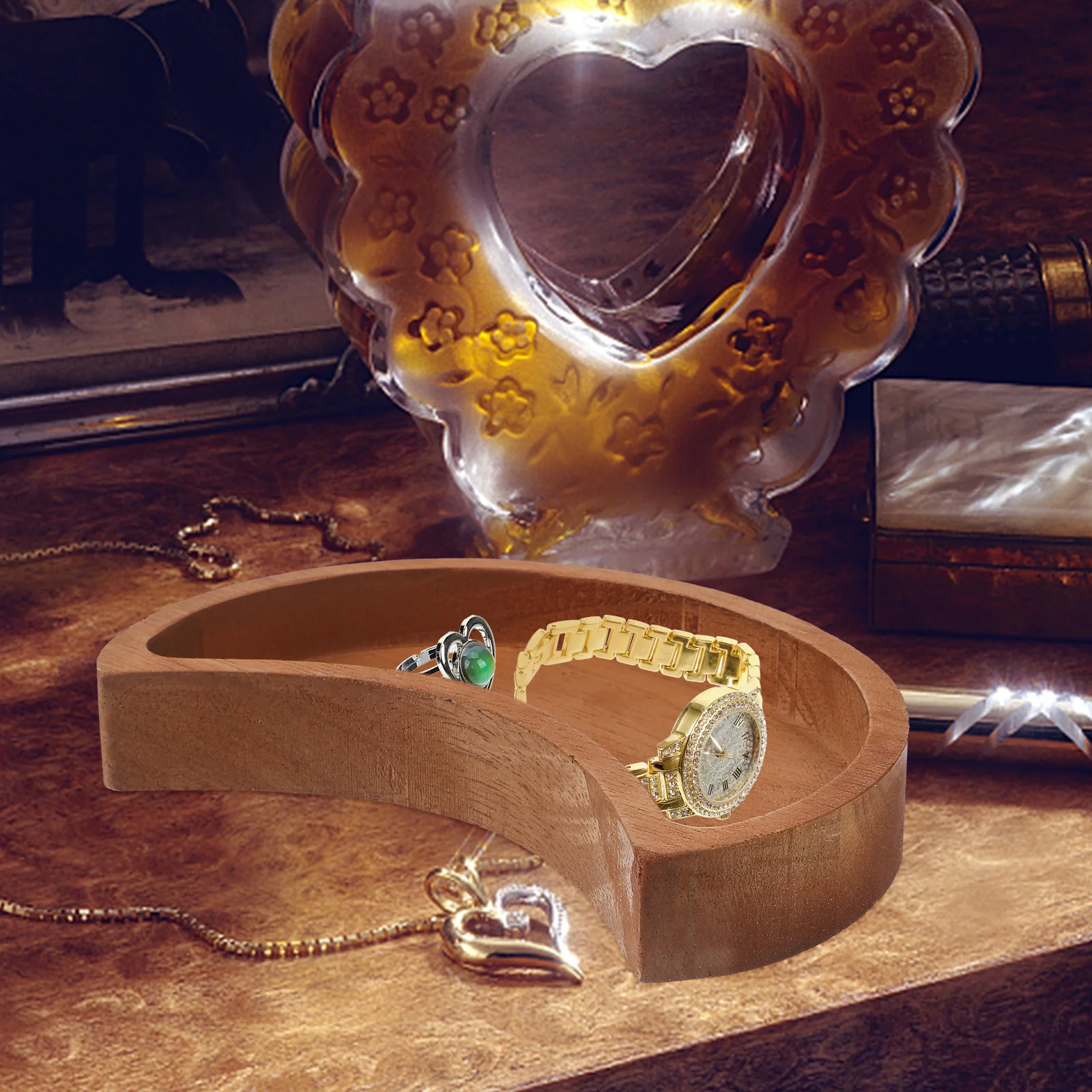 

Solid Wood Moon Shaped Tray Smooth Design Jewelry Crystal Holder Sundries Storage Small Items Home Restaurant Wooden