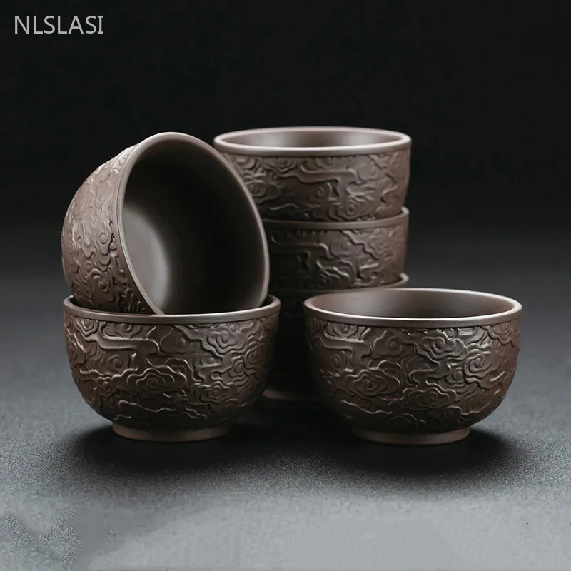 2pcs/80ml Yixing Purple Clay Tea Cup Handmade Relief Tea Cup Set Custom Beauty Master Cup Home Zen Tea Accessories