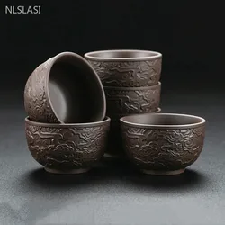 2pcs/80ml Yixing Purple Clay Tea Cup Handmade Relief Tea Cup Set Custom Beauty Master Cup Home Zen Tea Accessories