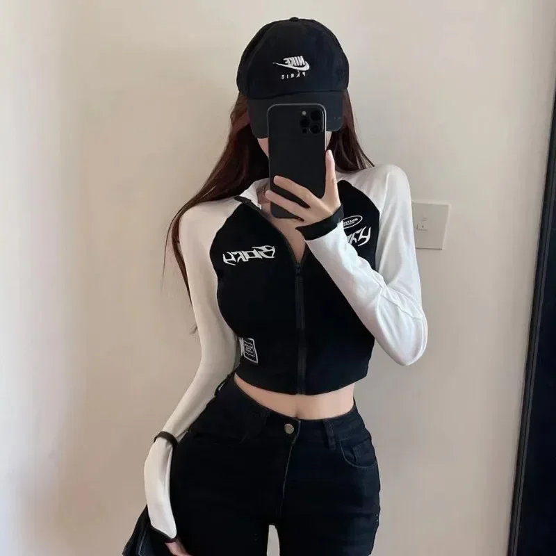 Spring Autumn Women Sweatshirt Casual Korean Sexy Cropped Long Sleeve Tops Y2K Fashion Female Patchwork Shirts Streetwear