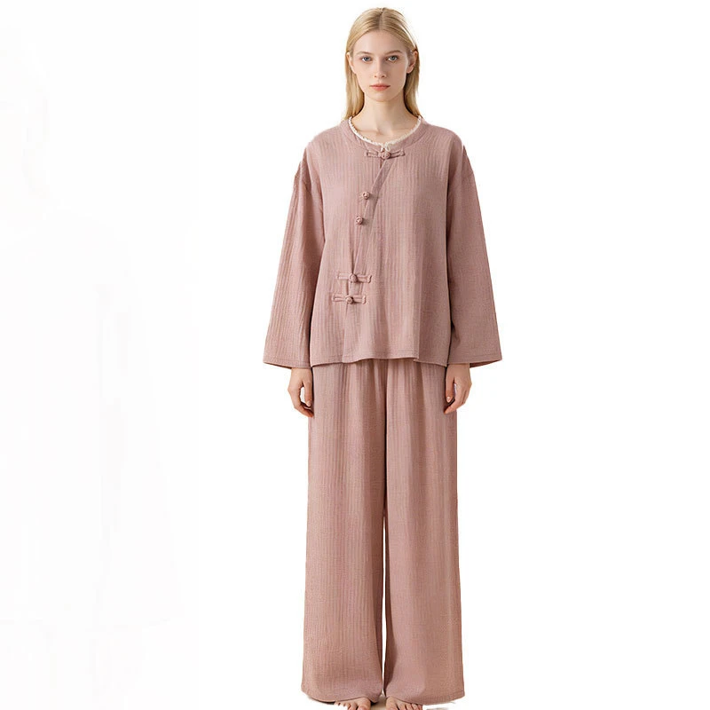 Super Comfy Pure Cotton Women's Chinese Style Buckle Loungewear Set Long Sleeve Loose Fit Breathable Home Pjs 2026 Spring New