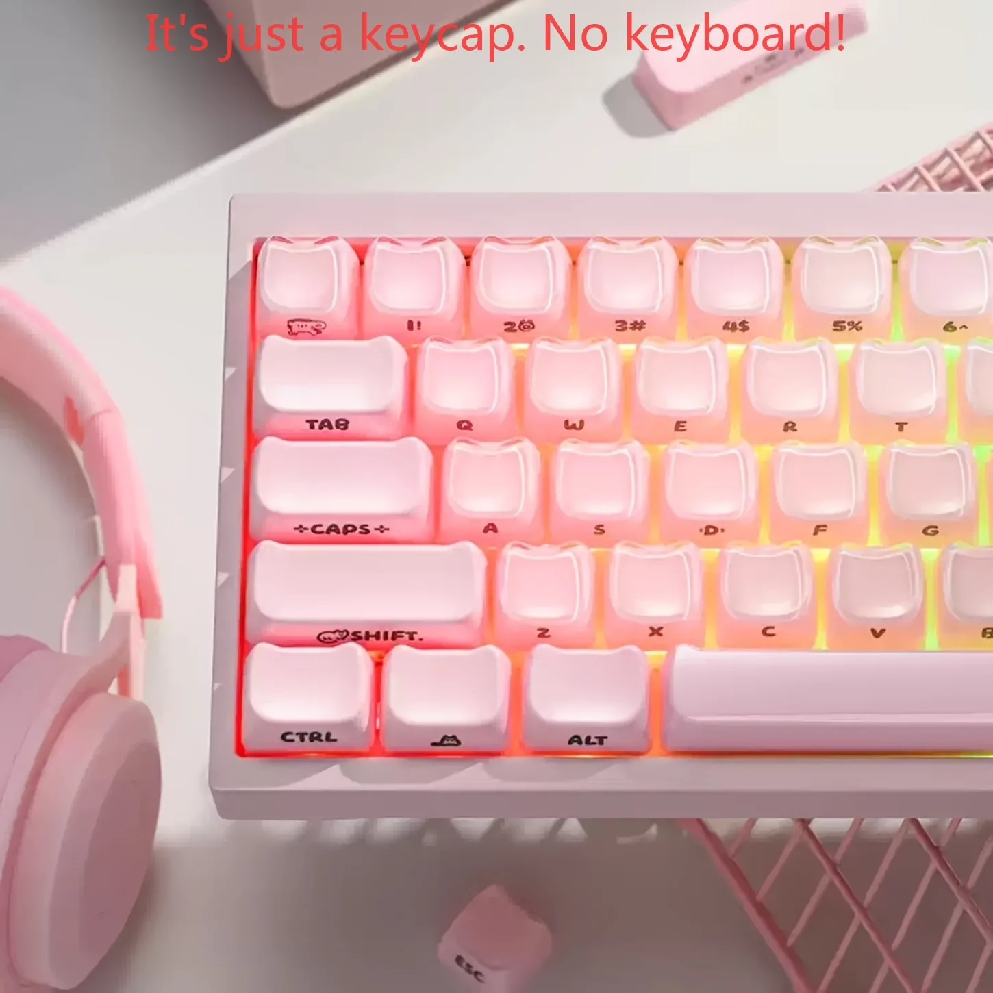 Cute Cat Ear Pink Crystal Jelly Keycaps 119 Keys Side Engraved Backlit ABS PC Keycap Set for Magnetic Switch Keyboard Wooting