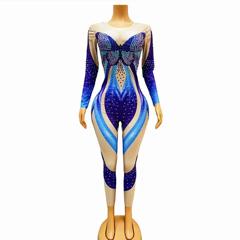 

Female Blue Rhinestones Tight Jumpsuit Anime Role Playing Performance Leotard Stage Halloween Party Butterfly Cosplay Costume