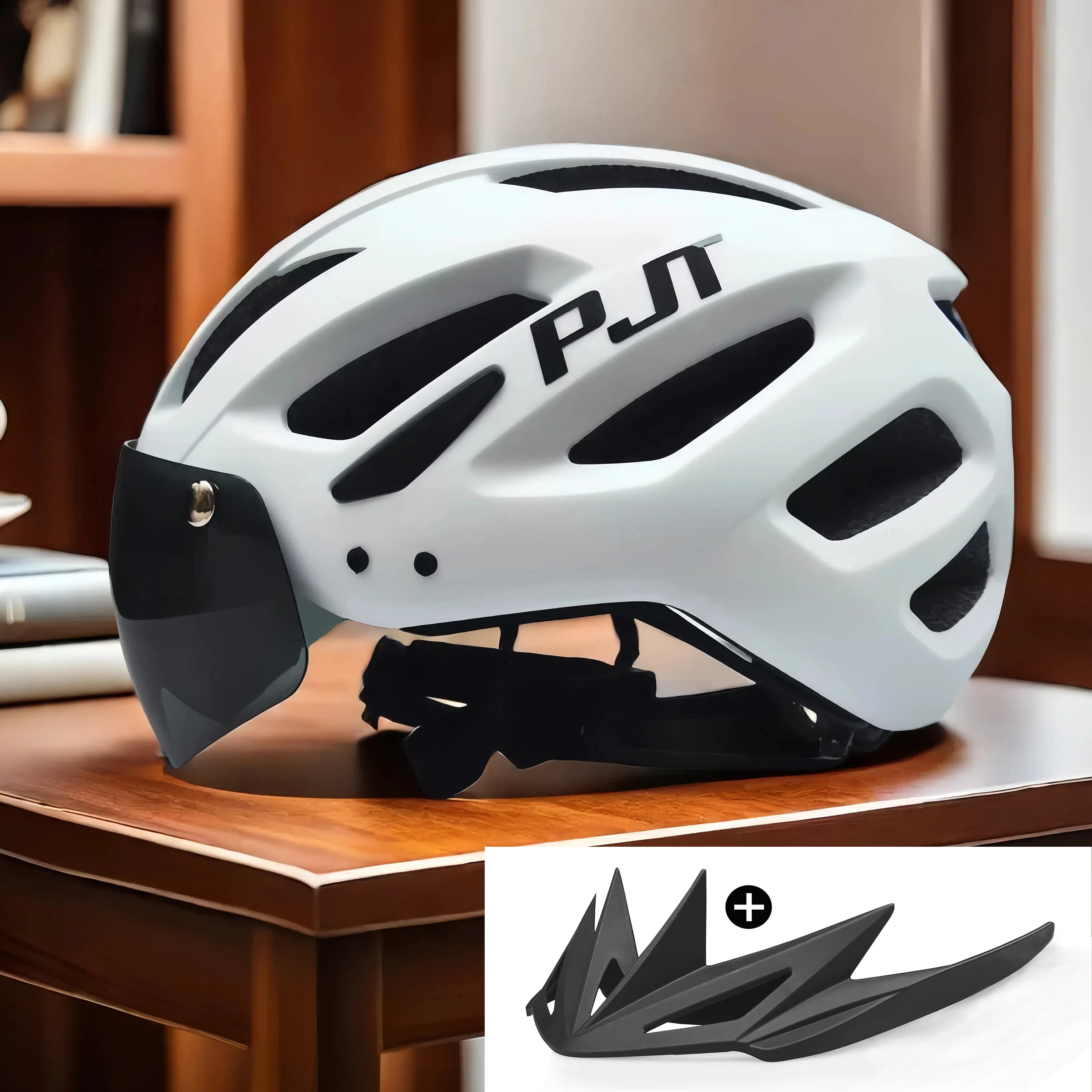 PJT Nieuwe LED Fietshelm Met Zonnebril Vizier Oplaadbare LED Heren Fietshelm Zonnebril Schild Road MTB Fietshelmen - afbeelding 1