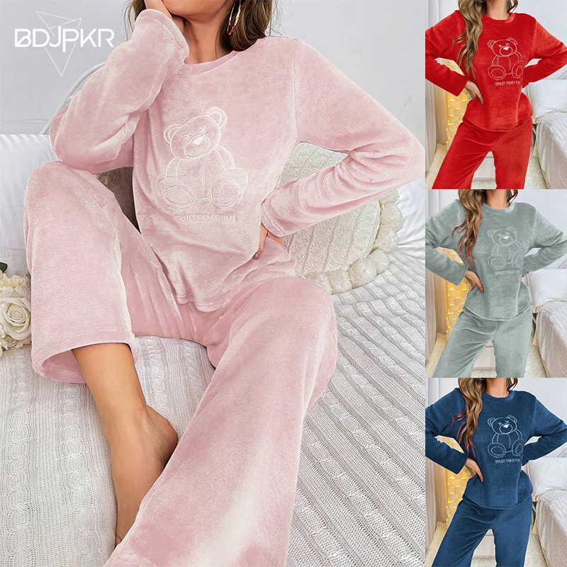 

Flannel Cross-border Autumn/Winter Women's Casual Pajama Set Home Pattern Bear Long Sleeve Thick Pants Two-Piece Set YCF100-3