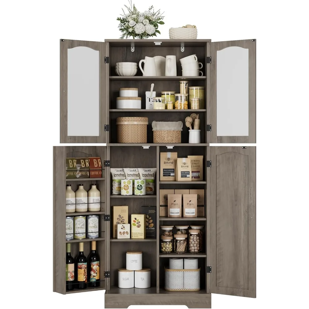 

Kitchen Pantry Storage Cabinet, 64" Tall Pantry Cabinet, Modern Kitchen Storage Cabinet with Glass Doors and Adjustable Shelves