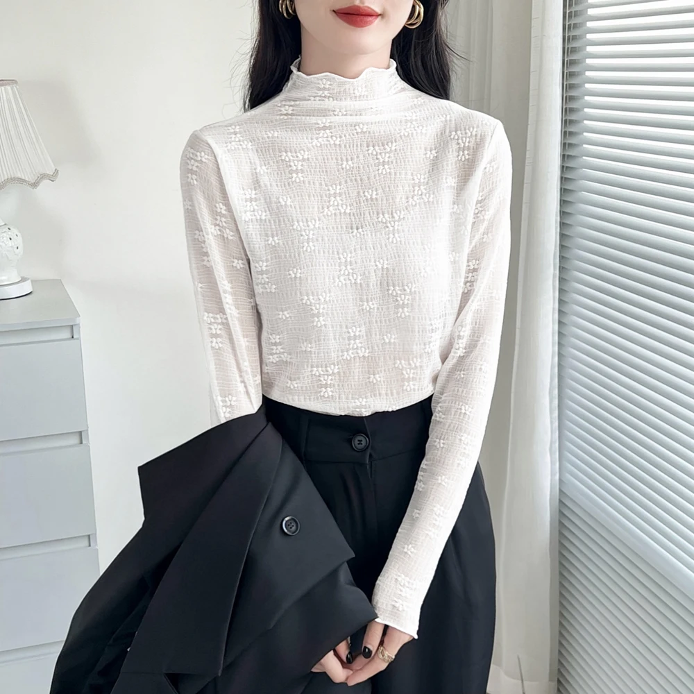 

Y2K Flower Lace Elastic Jersey T Shirt Women Half High Collar Long Sleeve Shirts Slim Stretch Tees Top Female Bottoming Blouses
