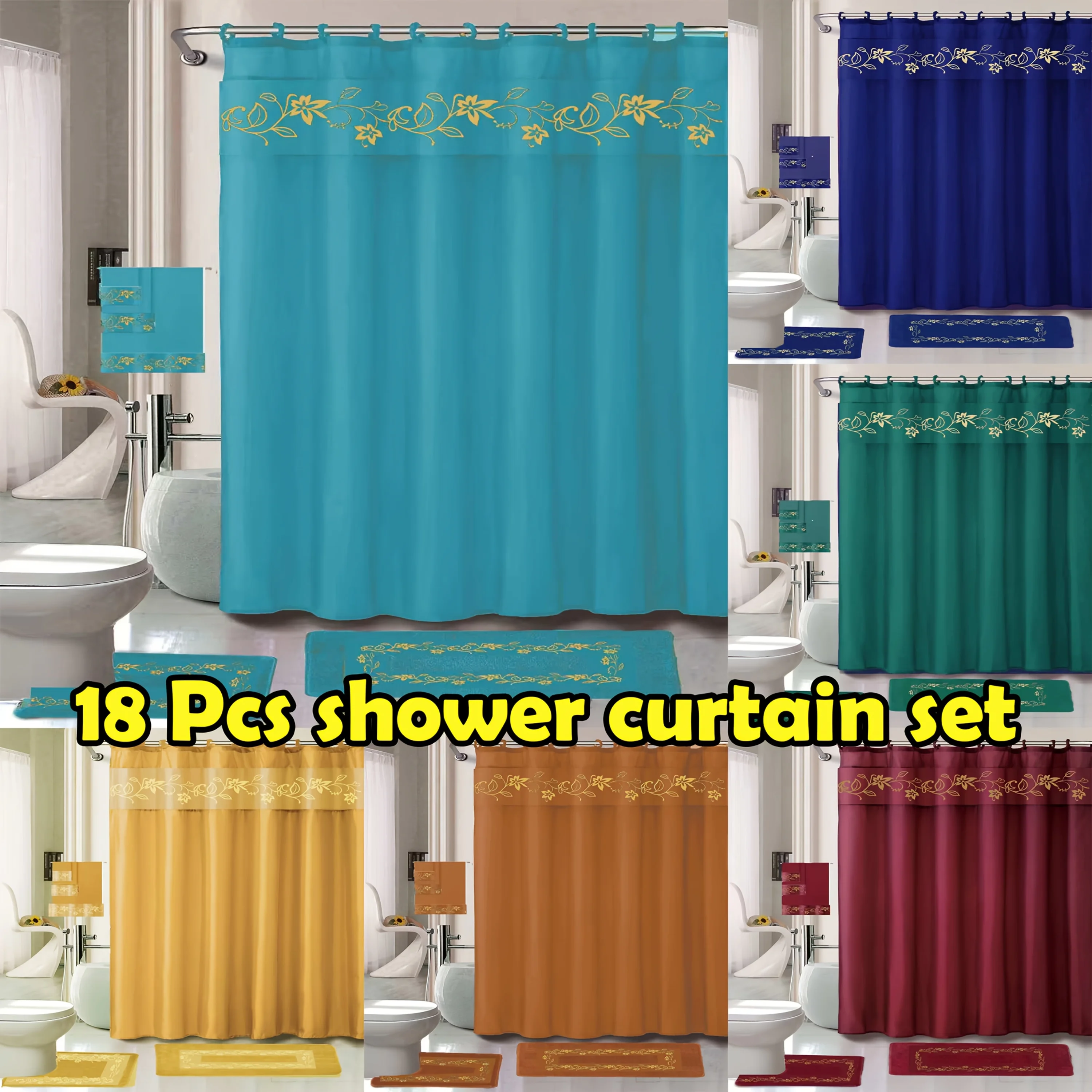 18pcs Shower Curtain Set with Embroidery Non Slip Bathroom & Contour with an Elegant Matching Curtain 3pcs Towel Set &