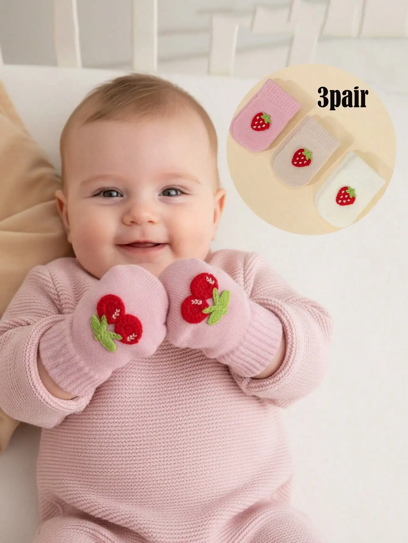 3Pairs Baby Girls 0-12M Knitted Mitten Gloves, Cartoon Embroidery Strawberry Candy Color Thick Knit Scratch Proof Full Finger