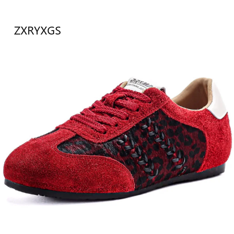ZXRYXGS Frosted Cowhide Leopard Print Women Trendy Sneakers 2026 Autumn Real Leather Soft Sole Comfortable Casual Sneakers Flats