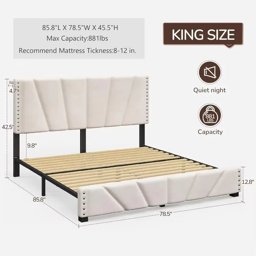 King Size Bed Frame, Storage Headboard Platform Bed with Charging Station and LED Lights, Sturdy Wooden Slats Support image 2
