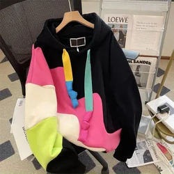 Chic Casual Hooded Sweatshirt Women's Outwear Autumn Winter New Fashion Loose Color Matching Warm Rainbow Sweatshirt Coat Tops