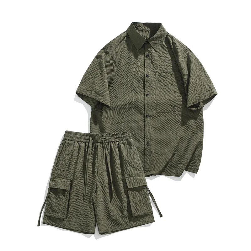 

2026 Summer Fashion Cool Cityboy Workwear Shorts Short-sleeved Shirt Suit for Men 100% Polyester Oversized Loose Style Youth