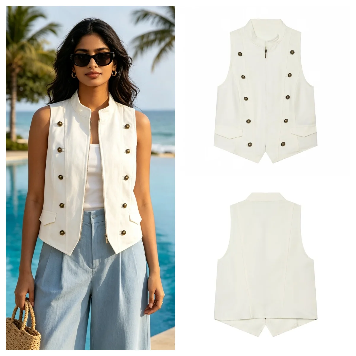 Guobioziy 2026 Summer New Women's Jacket White Sleeveless Button-Decorated Slim Vest Stylish and Trendy