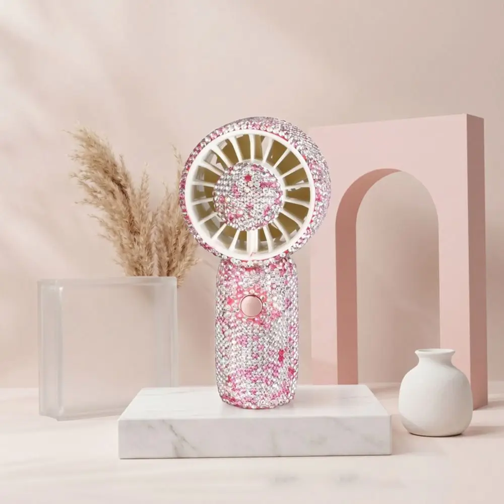 Sparkling Rhinestone Handheld Fan 3 Gears Long-Lasting Mini Cooling Fan USB Rechargeable Exquisite Portable Hand Fan Camping