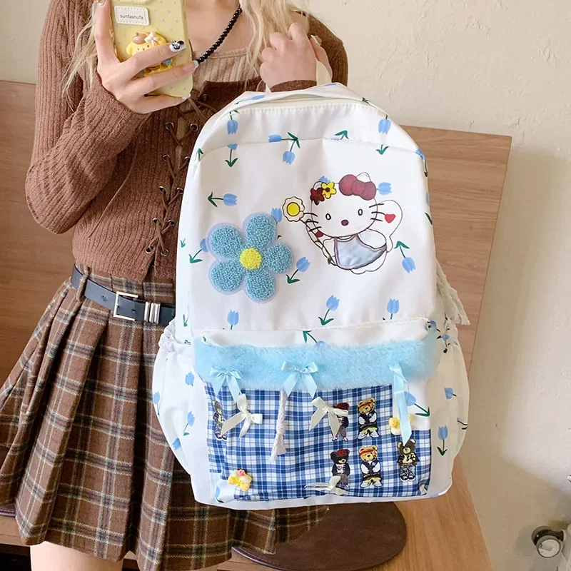   Рюкзак Hello Kitty для женщин и девочек, нейлоновая ткань, школьная сумка Kawaii, легкий, большой вместительный, с мультяшным принтом