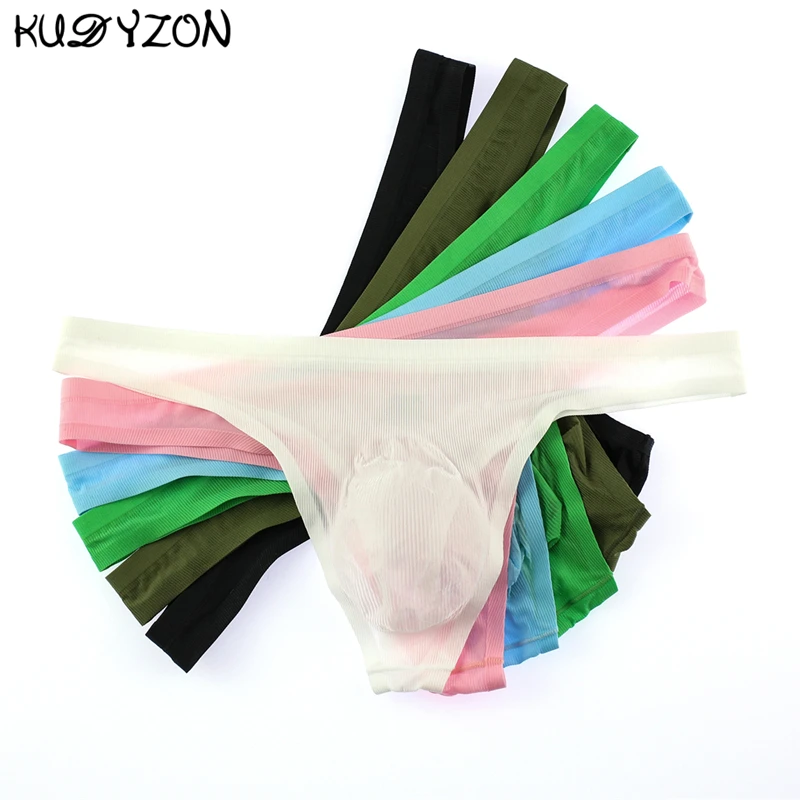 Ultra-thin Ice Silk Thong Men Seamless Thongs Penis Pouch Breathable Tanga Cueca Sexy Transparent Men\'s Solid G-strings Panties