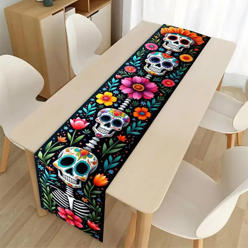 

Colorful Floral Marigold Sugar Skull Linen Table Runner Fiesta Party Decor Mexican Day of The Dead Table Runners Home Decoration