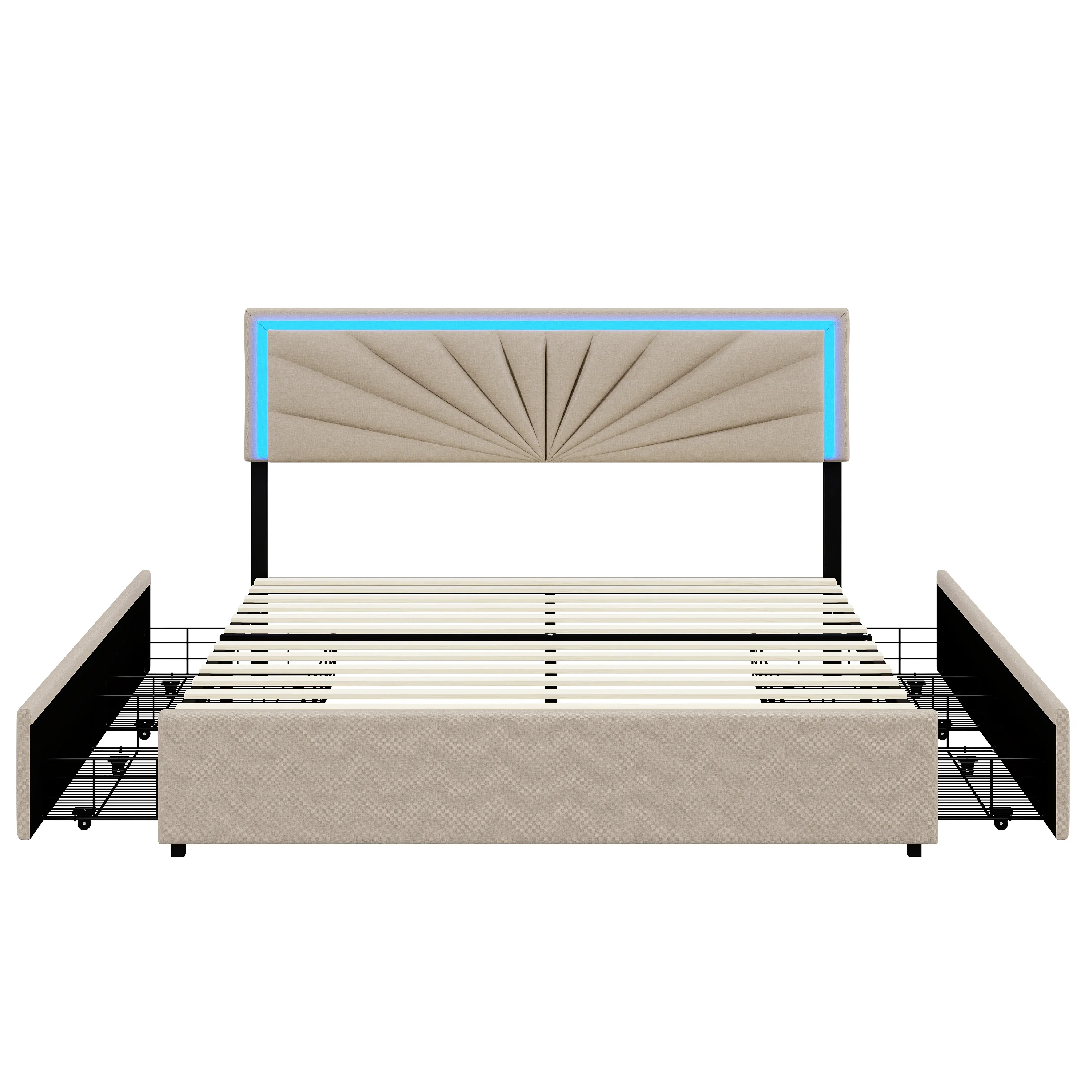 Comanlai Polsterbett mit 4 Schubladen, 160 x 200 cm, Bett mit LED-Beleuchtung, Doppelbett für Erwachsene, Teenager, beige Leinen, ohne Matratze