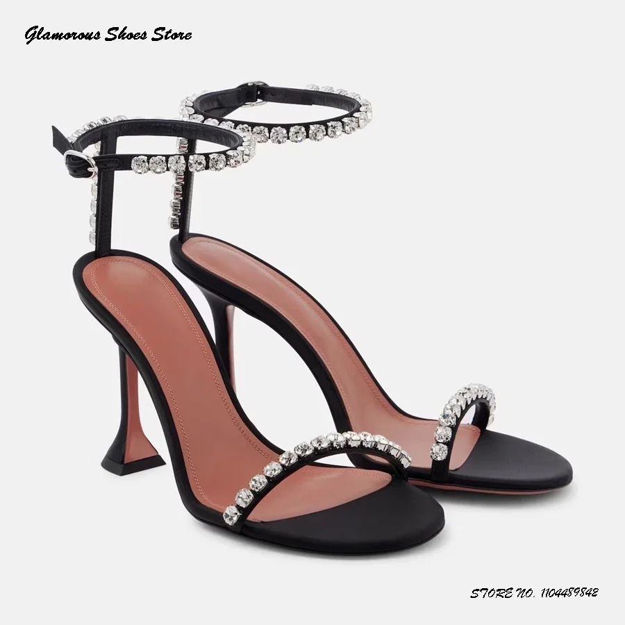 

Crystal Embellished Leather Modern Sandals Summer Buckle Strap Party Wedding Shoes Women's Round Open Toe Evening High Heels