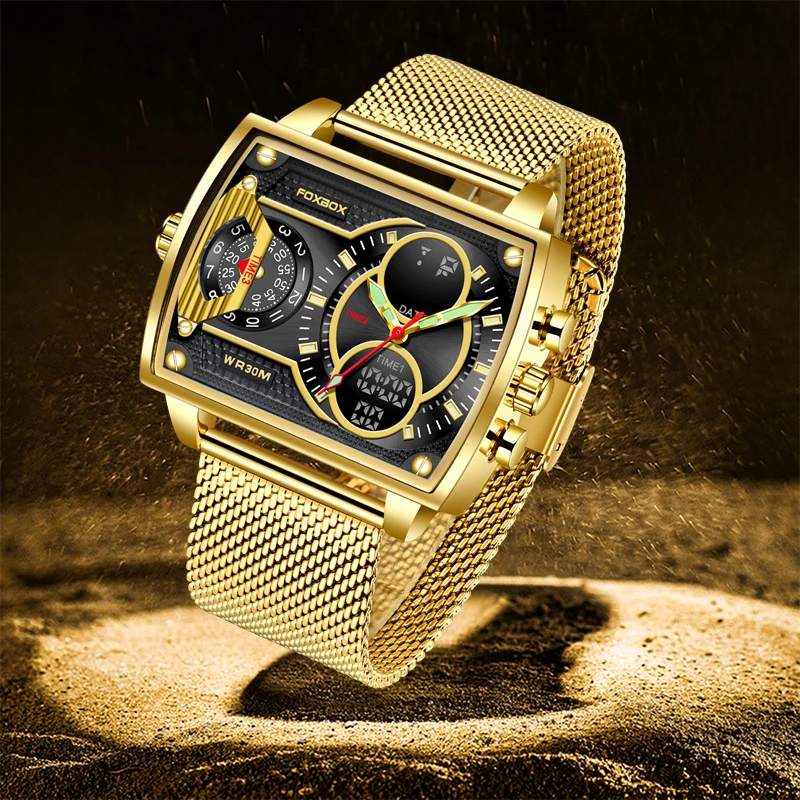 FOXBOX Fashion Casual Watch Men Digital Dual Time Week Gold Sport 3bar Waterproof Quartz Wristwatches Clock Relogios Masculino