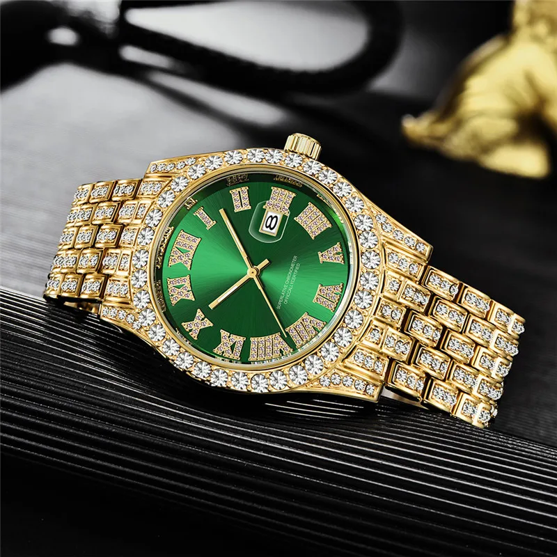 1 stk/partij Grote Merk Horloges Voor Mannen Hip Hop Diamond Luxe Gouden Mode Legering Band Datum Quartz Horloge Montres de Marque de Luxe