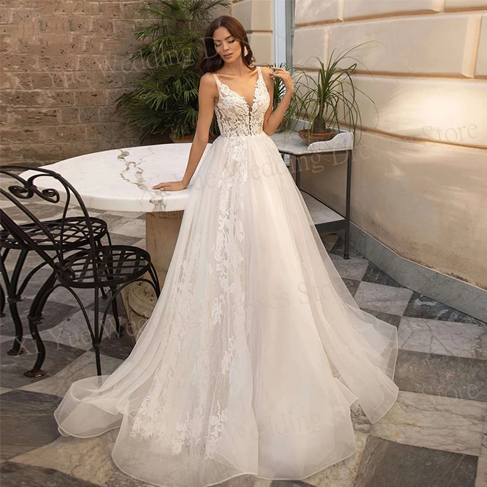 Gaun pernikahan A Line cantik anggun gaun pengantin Tulle applique renda leher V gaun pengantin seksi tanpa lengan kancing ilusi Vestidos De Novia