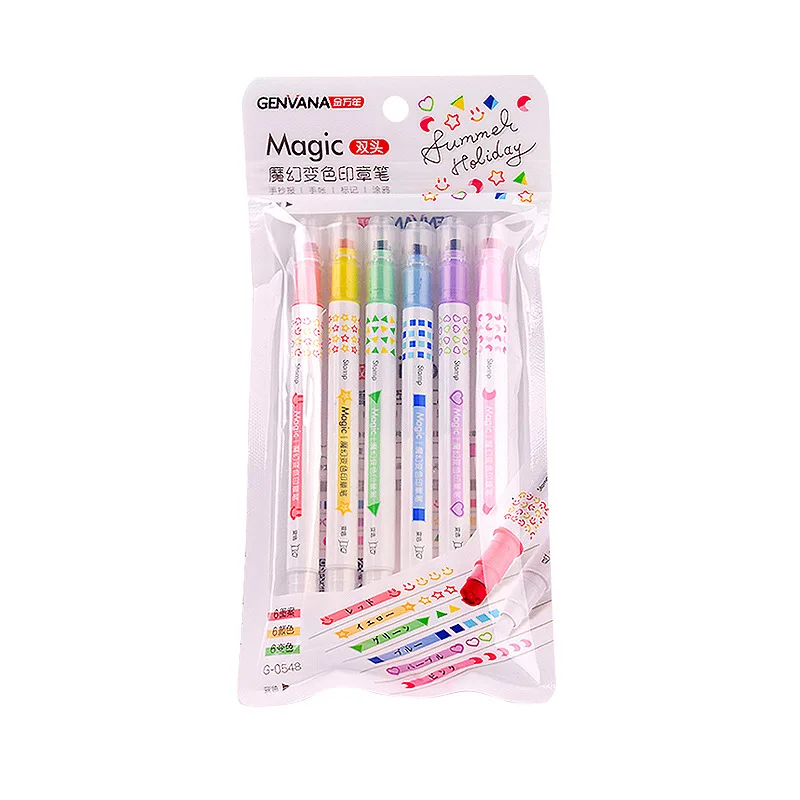 6pcs Magic Seal Pen Double-Headed Lace Pen Notebook Graffiti Outline Pen Key Mark Fluorescent Pen Marking Pen