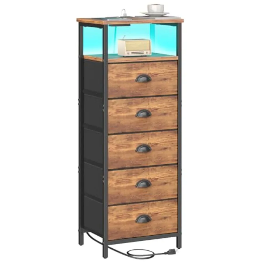 Nightstand with Charging Station LED Night Stand 5 Fabric Drawers Bedside End Tables 2-Tier Open Storage Shelf Side Table Night