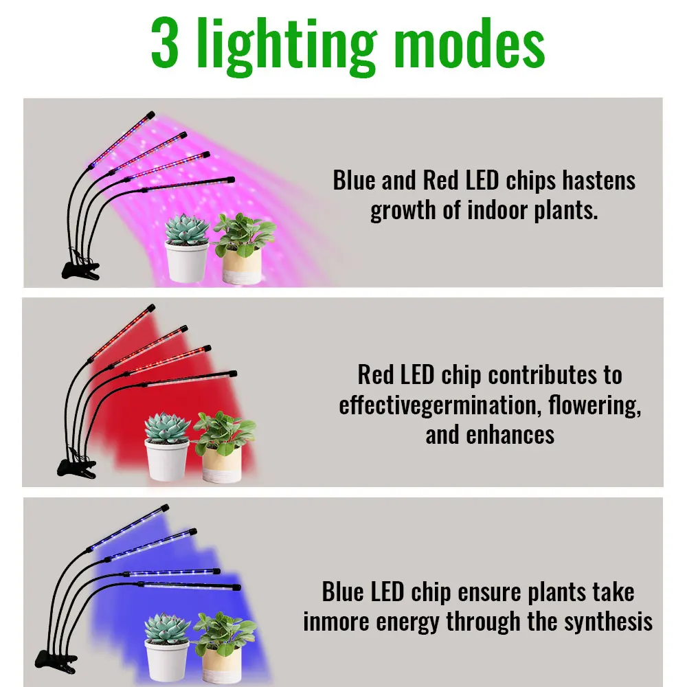 4 Heads LED Plant Grow Light With Clip-on Plant Light 3 Light Color Switching USB Timable Dimming Full Spectrum Grow Lamp