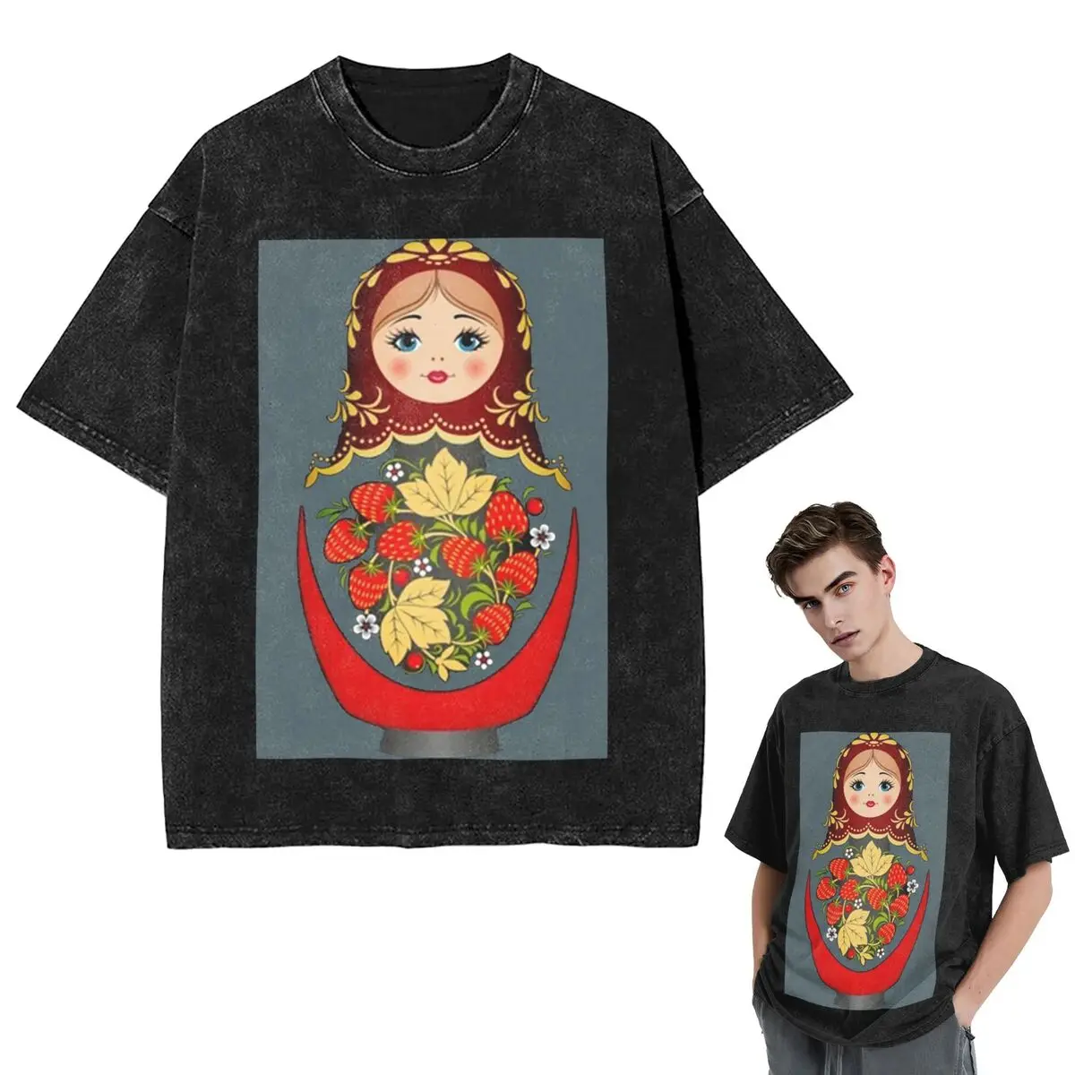 Streetwear T-Shirts Matryoshka Russian Nesting Doll Washed T Shirt Short Sleeve Hip Hop T-Shirt Tops Tees for Men Women