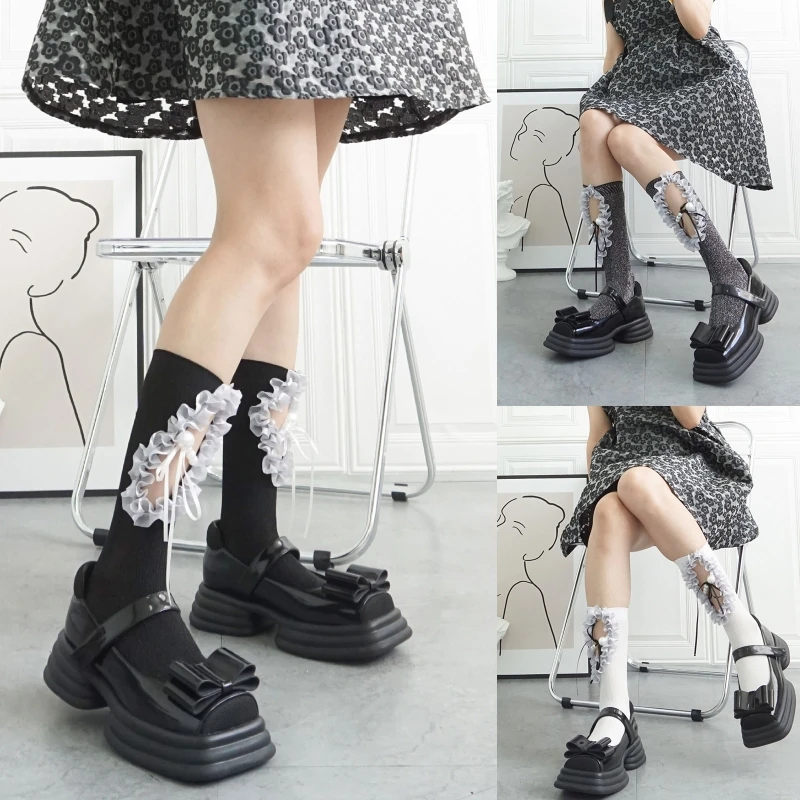 Women Gothic Hollow Out Calf Socks Ruffled Lace Patchwork Pearl Beaded Ribbon Bowknot Stockings