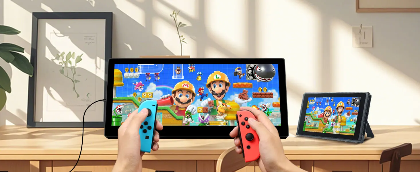 Nintendo Switch gaming system showing Mario game on TV and handheld screens. Detached Joy-Con controllers held in foreground. Wood table, plant, and picture frame visible.