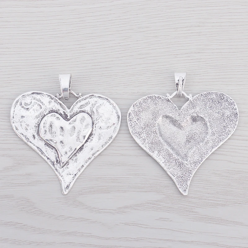 2 x Tibetan Silver Mixed Bohemia Large Hammered Love Heart Filigree Charms Pendants For Necklace Jewelry Making Findings