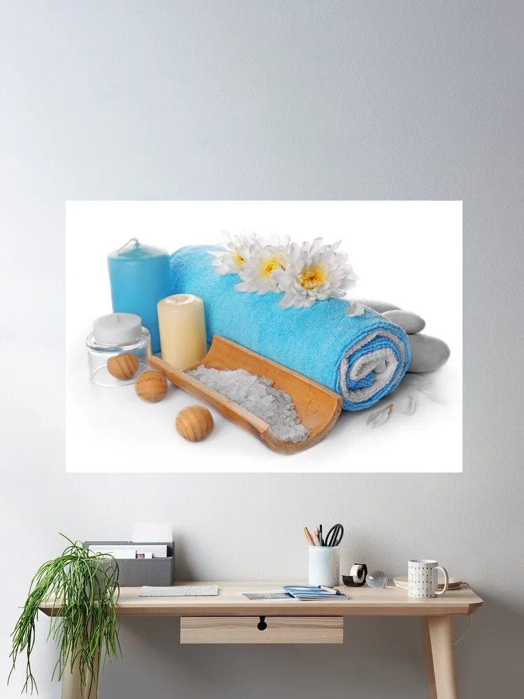 Spa items: blue towel, candles, salt, stones, and flowers, Art Print Canvas Poster, Living Room Decor, Home Wall Picture