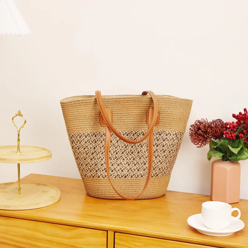 New beach straw woven bag, summer vacation large capacity hand woven shoulder bag, brown spliced hollow wax rope bucket tote bag