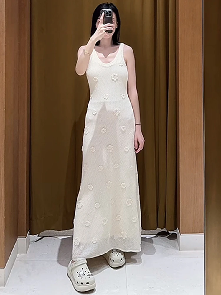 Ele V-Ne Lavorato a maglia ricamato Dr Donna Estate Faion Gonna lunga a vita alta Abito a trapezio Svel Fibra di poliestere