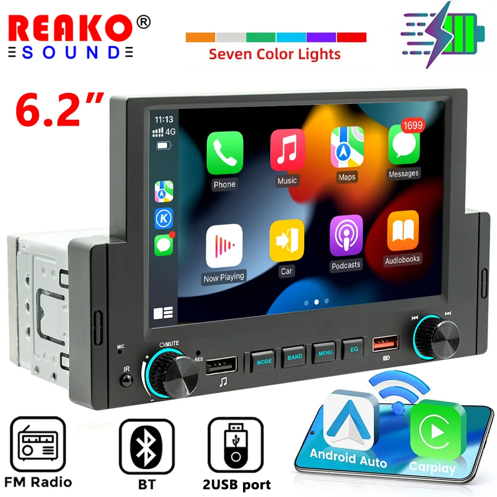 REAKOSOUND MP5 Car Radio 6.2 inch HD Touch Screen Autoradio Android Auto 2 USB 7 Color Lights BT Universal Multimedia Player