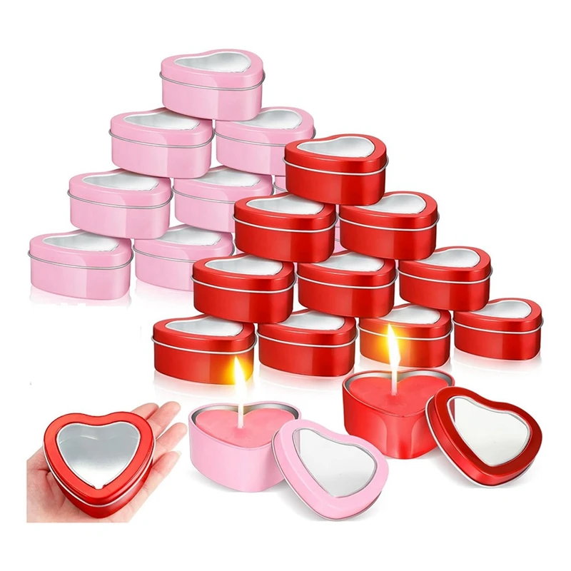 24Pcs 4Oz Heart Shaped Metal Tins Set Empty Tea Light Mold Heart Shaped Box Kit With Clear Window Lids Tin Candle Containers