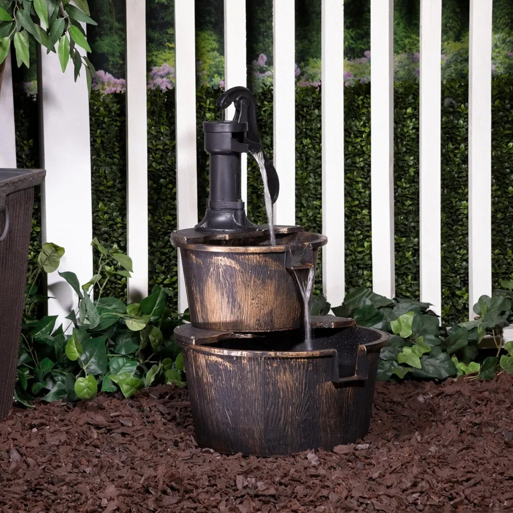 Outdoor Rustic 2-Tiered Barrel and Pump Water Fountain – Bronze Finish, Relaxing Water Flow, Ideal for Garden, Patio